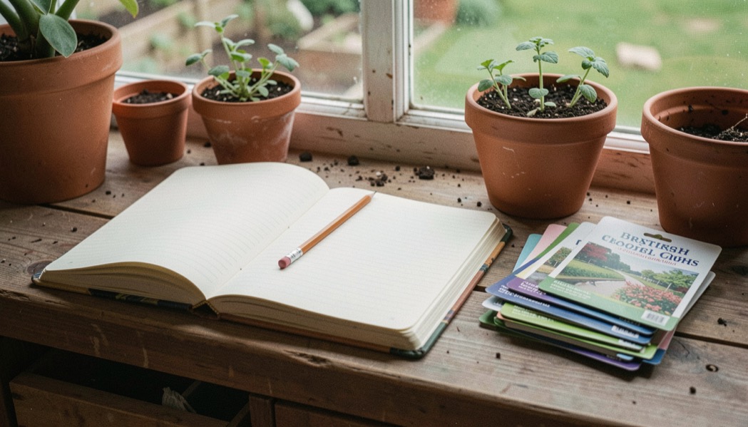 An open ruled notebook and a pencil on a potting bench, seed packets stacked beside them.