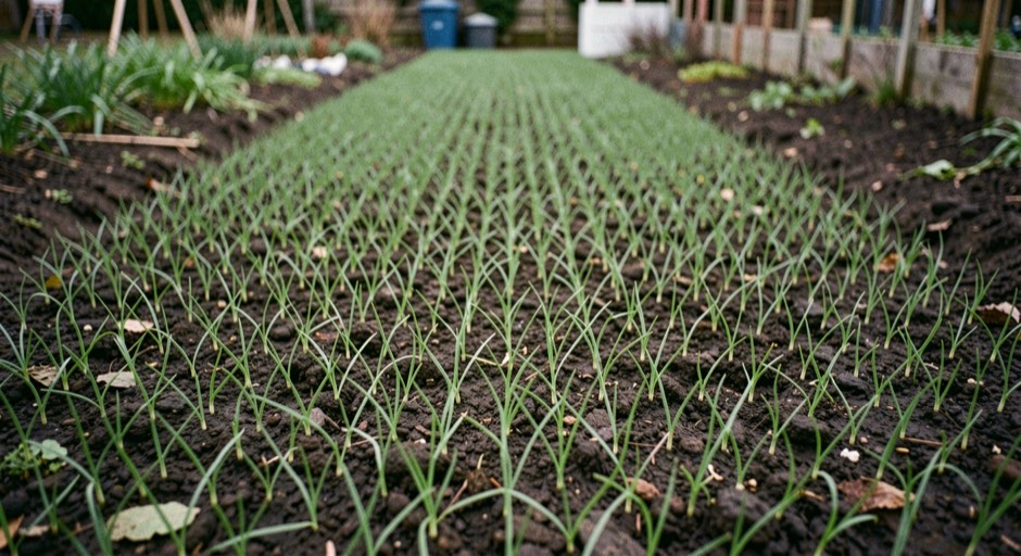 A bare vegetable bed broadcast-sown with rye, a dense even carpet of fine grass seedlings over dark soil in low winter light.