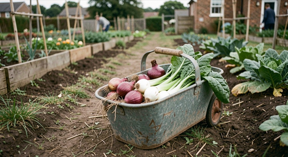 A narrow raised bed edged with weathered boards on an allotment plot, a small hand fork and a child's watering can resting on the soil beside a row of radish seedlings, low morning sun from the left, shot from just above waist height.