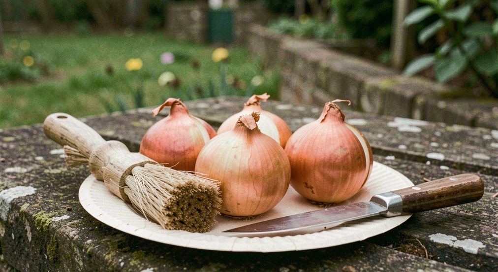 Six matched onions being arranged on a paper plate beside a soft brush and a knife.