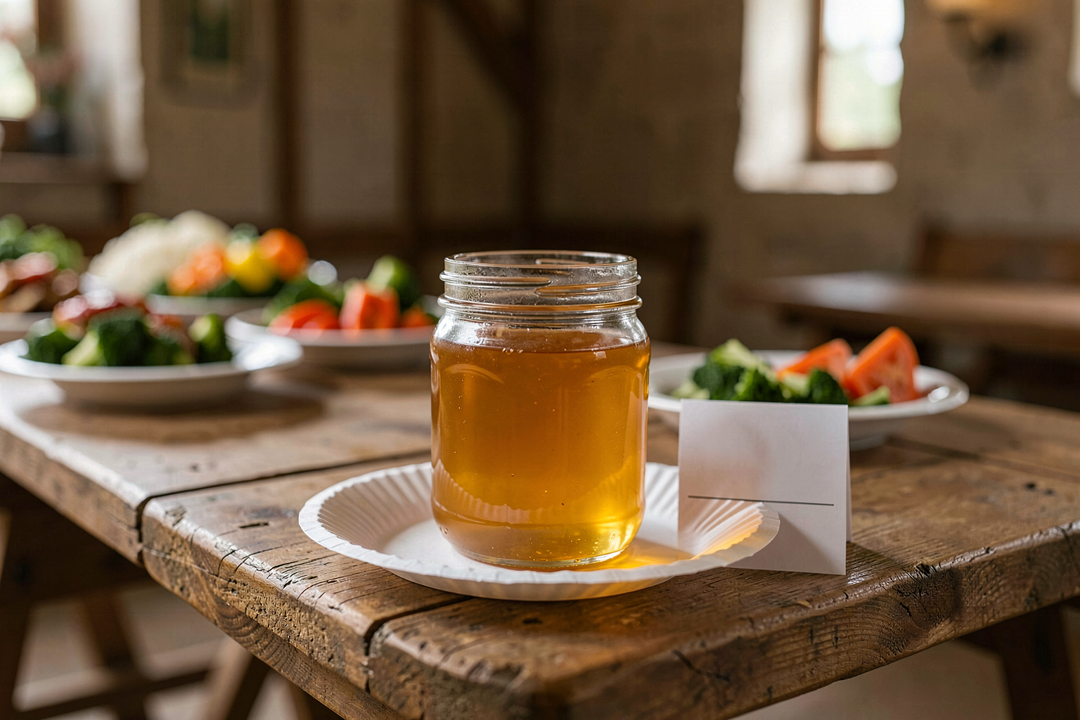 A clear glass jar of golden honey on a paper plate on a wooden trestle table, a blank entry card beside it.