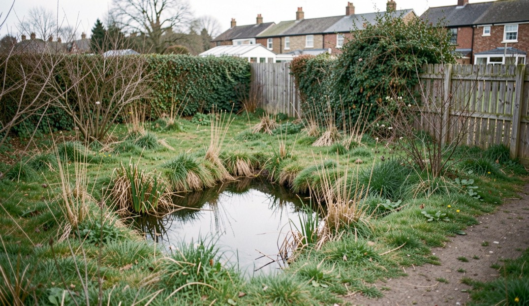 A south-facing garden bed in late afternoon, grey-leaved lavender and rosemary set in gravel over dark soil, a low hornbeam hedge behind, long shadows across the path.