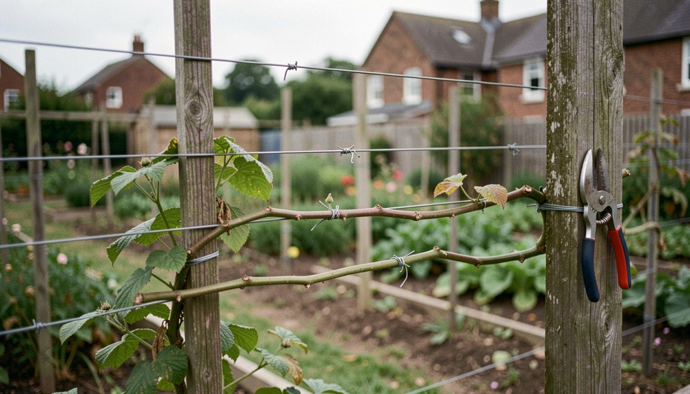 Raspberry canes tied to horizontal training wires, secateurs resting on a post.