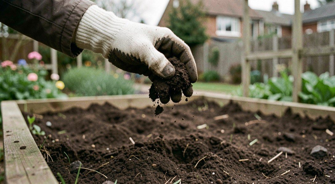 A gloved hand holding a crumb of dark friable soil above a freshly turned bed.
