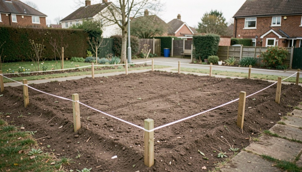 A rectangular allotment plot marked out with string lines and wooden pegs on bare soil.