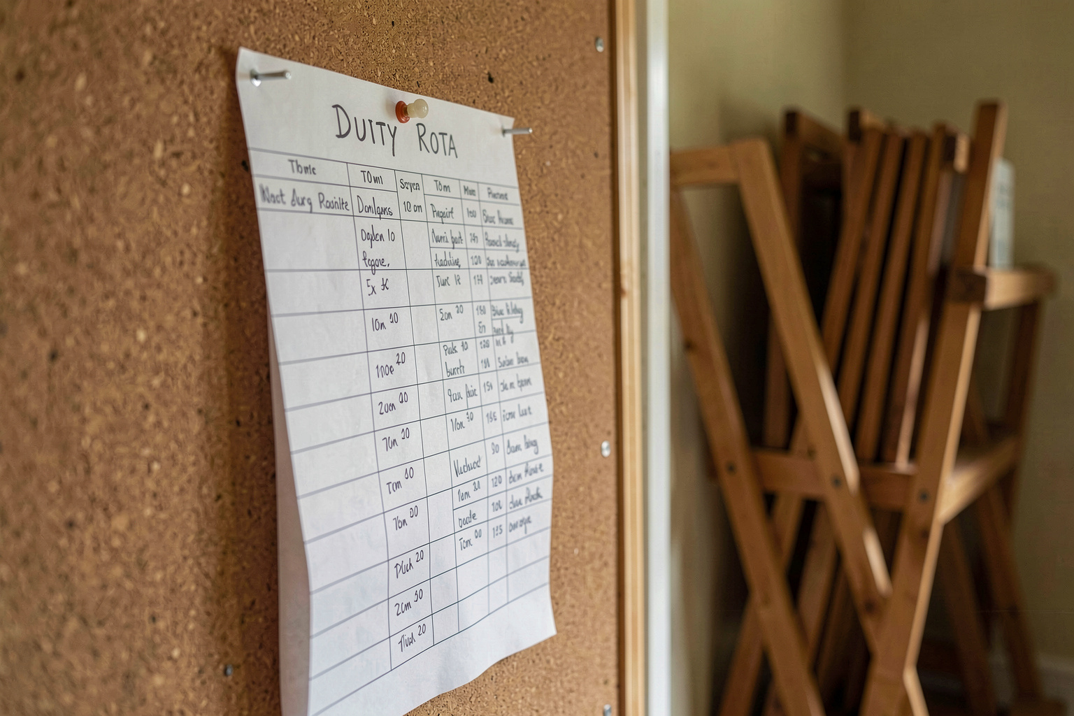 A handwritten rota sheet pinned to a cork noticeboard in a village hall, folded trestle tables behind.