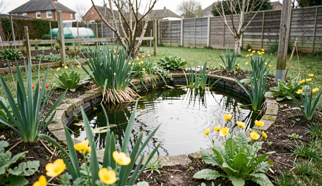 A low corner of an allotment plot in flat afternoon light, a cast-iron grid half covered with moss and fallen leaves, a shallow puddle spreading across dark clay towards a row of bean canes, shot from standing height with the grid in the lower third of the frame.